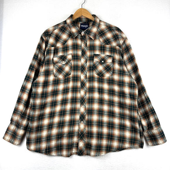 Vitnage 90s Wrangler Men's XL Pearl Snap Plaid Western Rodeo Long Sleeve Flannel - Picture 1 of 11